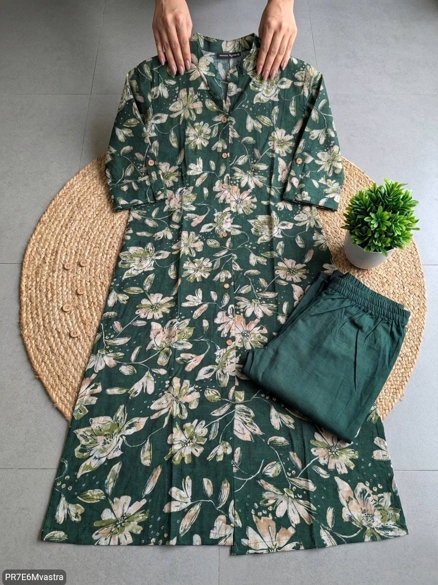 Floral Printed Textured Cotton Kurta Set with Pocket