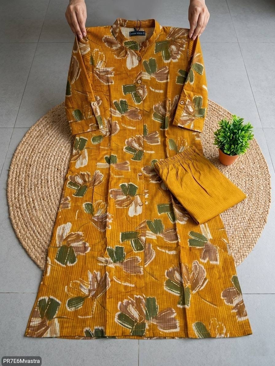 Floral Printed Textured Cotton Kurta Set with Pocket