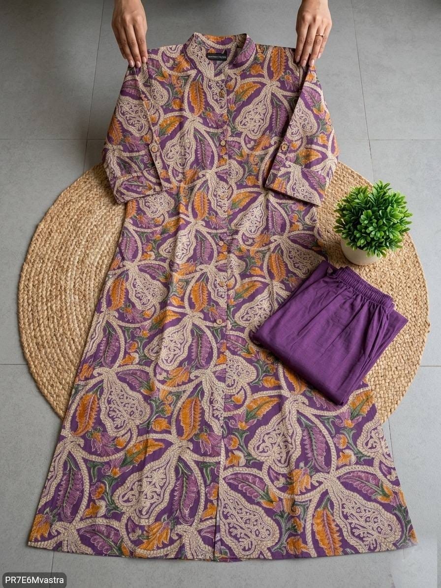 Floral Printed Textured Cotton Kurta Set with Pocket