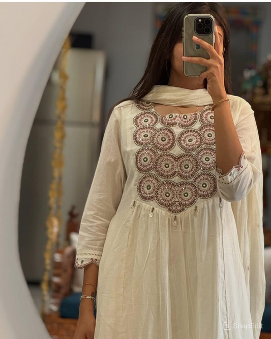 Tiered Anarkali Kurta Set with Embroidered Yoke and Malmal Dupatta