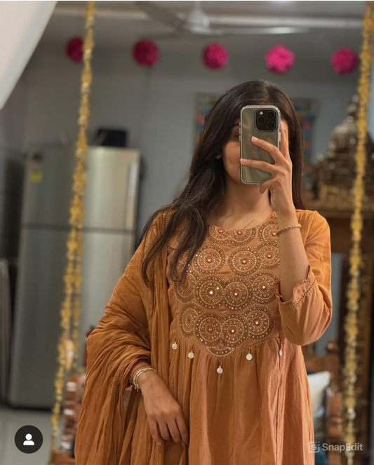 Tiered Anarkali Kurta Set with Embroidered Yoke and Malmal Dupatta