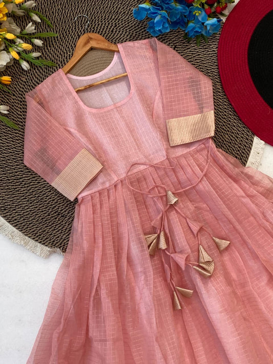 Tissue Organza Silk Gown with Gold Zari Checks Work