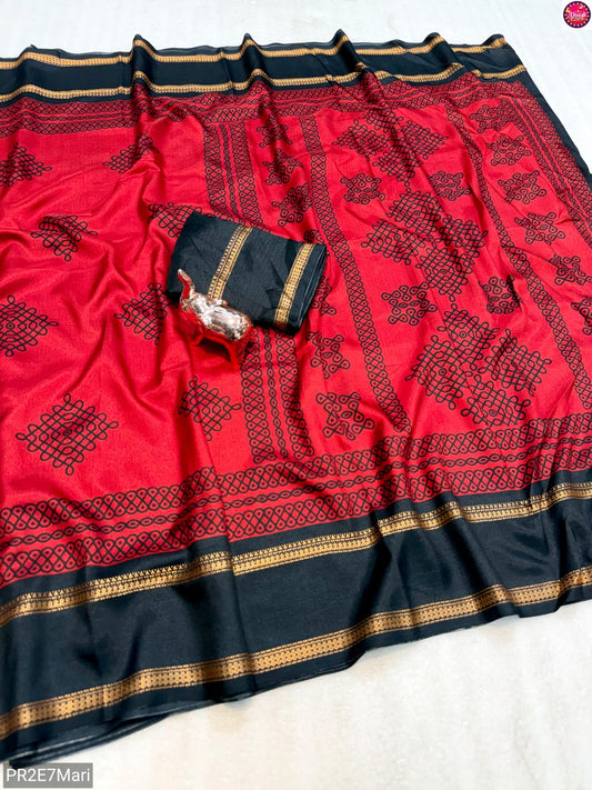Tussar Kashmiri Print Saree with Double Gadwal Viscose Border & Contrast Blouse