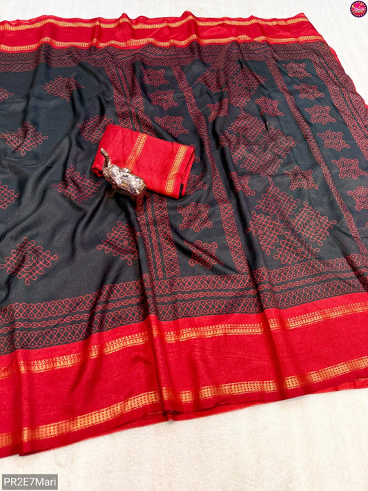 Tussar Kashmiri Print Saree with Double Gadwal Viscose Border & Contrast Blouse