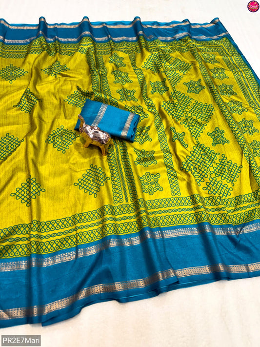 Tussar Kashmiri Print Saree with Double Gadwal Viscose Border & Contrast Blouse