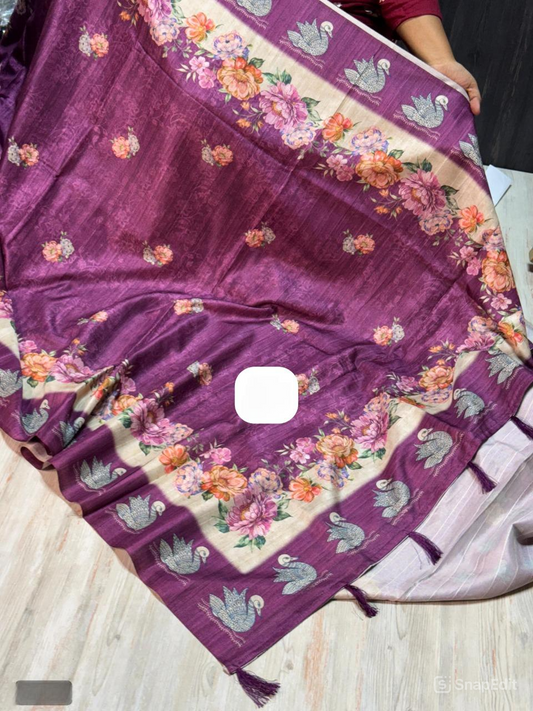 Tussar Silk Saree with Tulip Digital Print & Arco Border – With Blouse Piece & Pallu