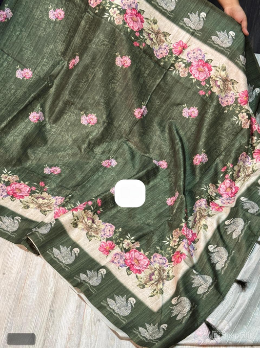 Tussar Silk Saree with Tulip Digital Print & Arco Border – With Blouse Piece & Pallu