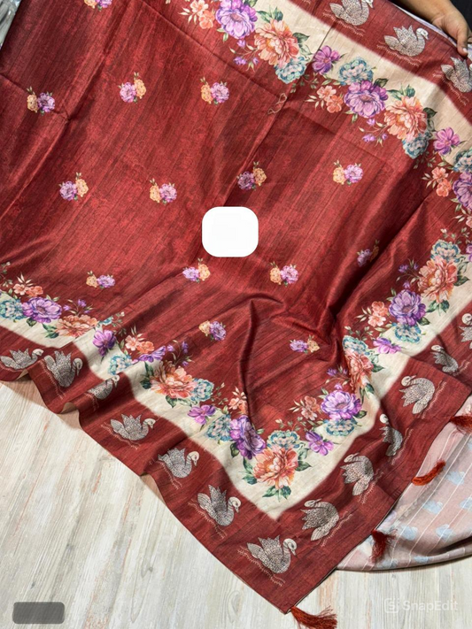 Tussar Silk Saree with Tulip Digital Print & Arco Border – With Blouse Piece & Pallu