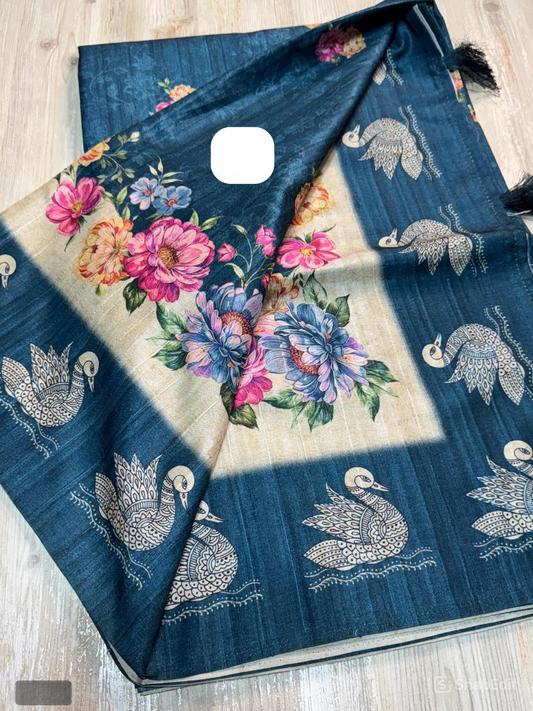 Tussar Silk Saree with Tulip Digital Print & Arco Border – With Blouse Piece & Pallu