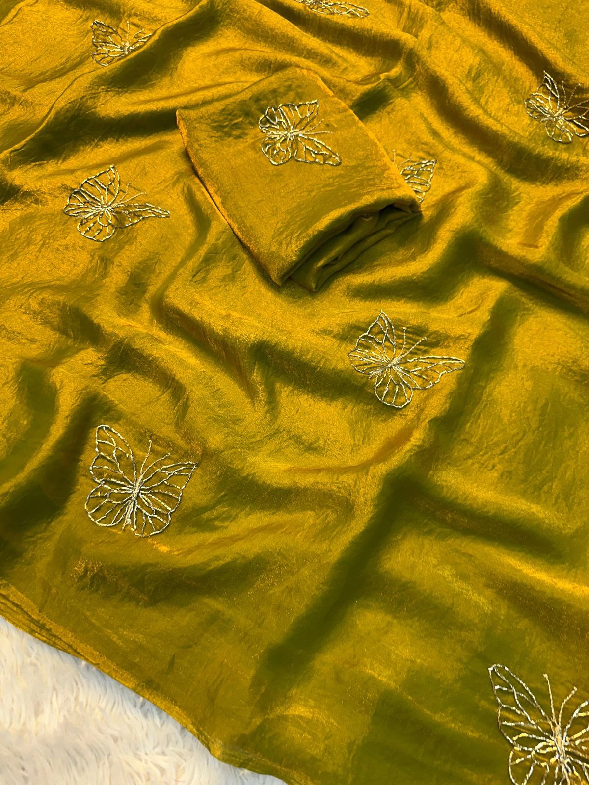 Two-Tone Space Silk Saree with Butterfly Beads Work & Matching Blouse