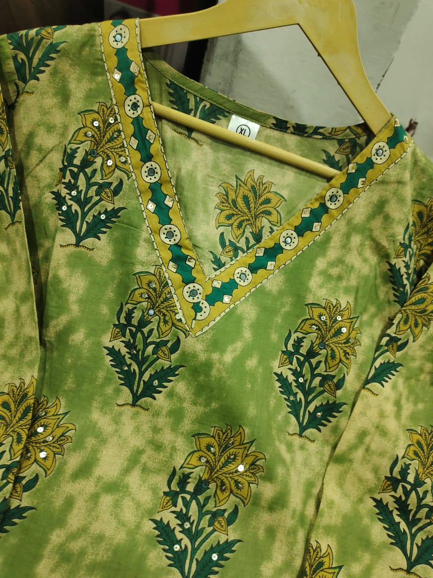 V Neck Azrak Floral Print Cotton Suit Set with Kurti, Pant & Dupatta