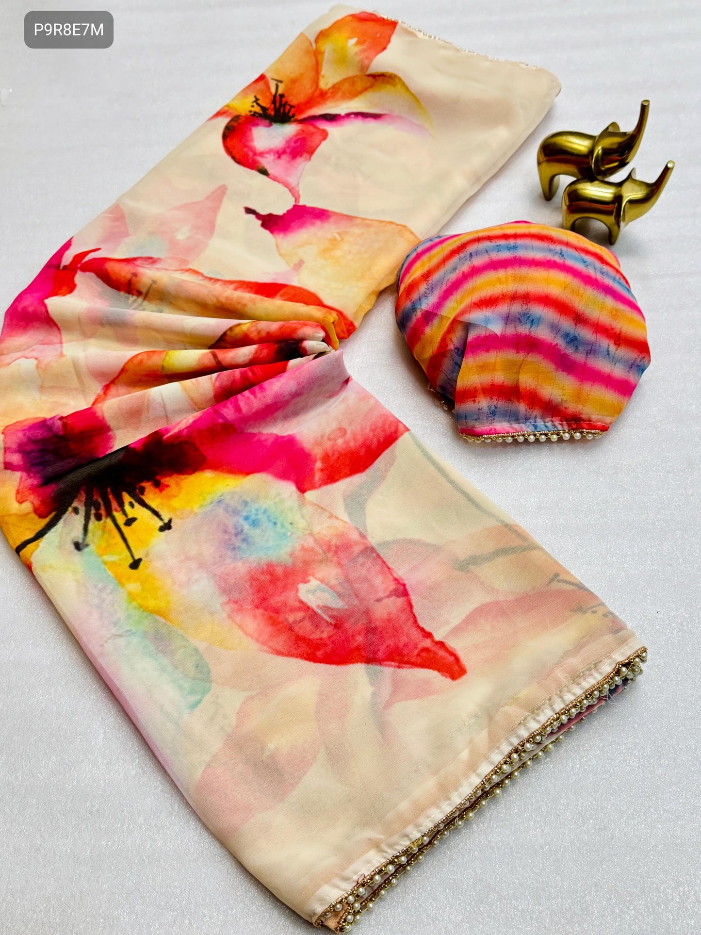 Veera Chiffon Floral Digital Print Saree with Moti Lace Border