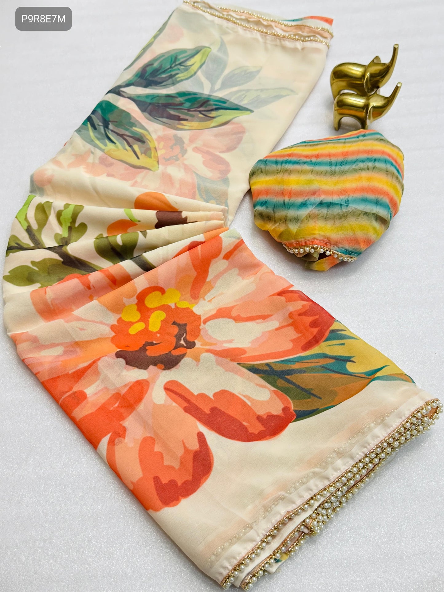 Veera Chiffon Floral Digital Print Saree with Moti Lace Border