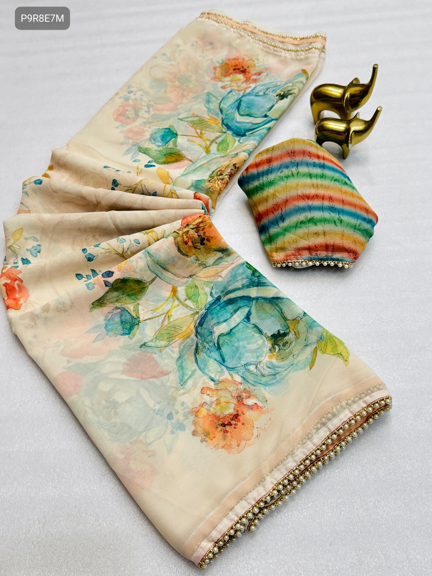 Veera Chiffon Floral Digital Print Saree with Moti Lace Border