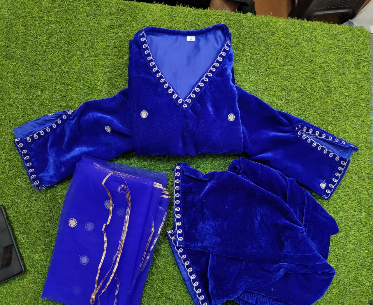 Velvet Winter Suit Set with Mirror, Zari & Cutdana Work