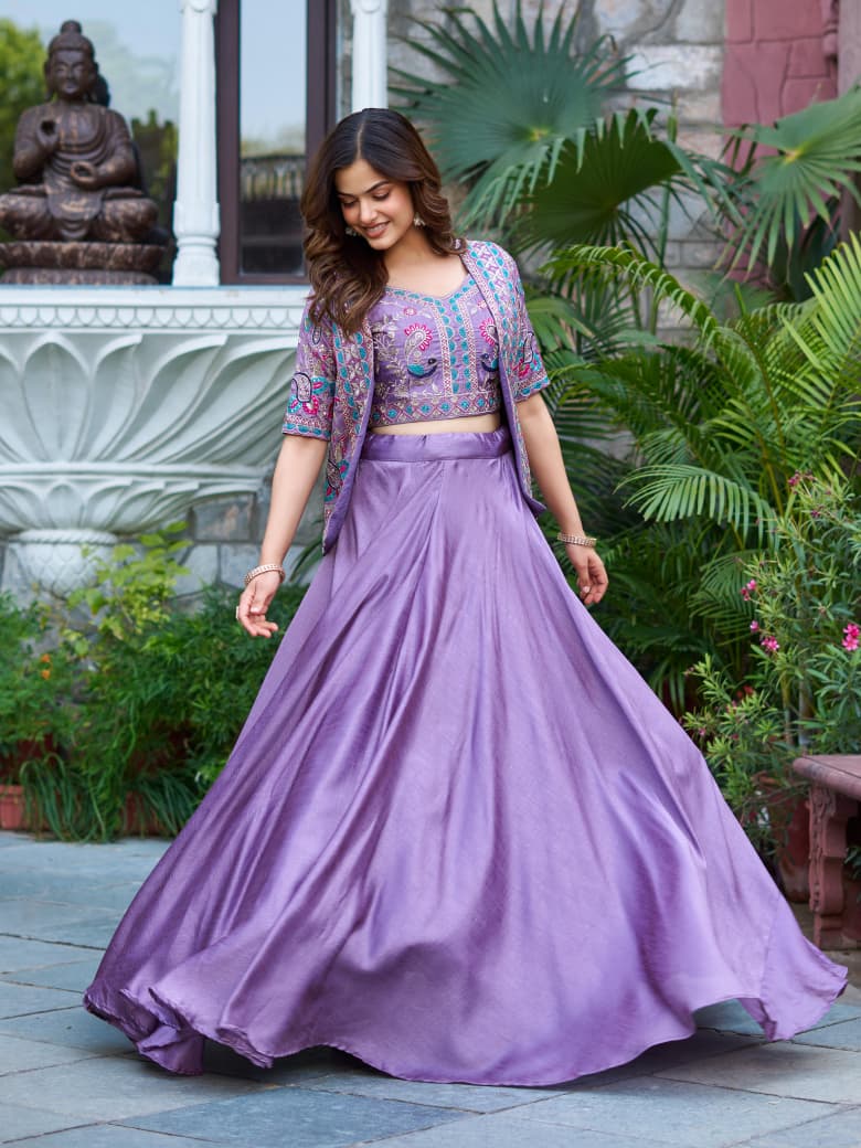 Vichitra Lehenga Choli with Embroidered Koti Set (3 Piece)
