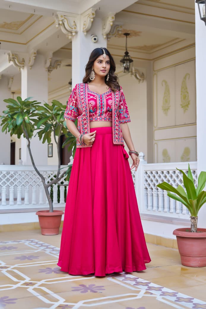Vichitra Lehenga Choli with Embroidered Koti Set (3 Piece)