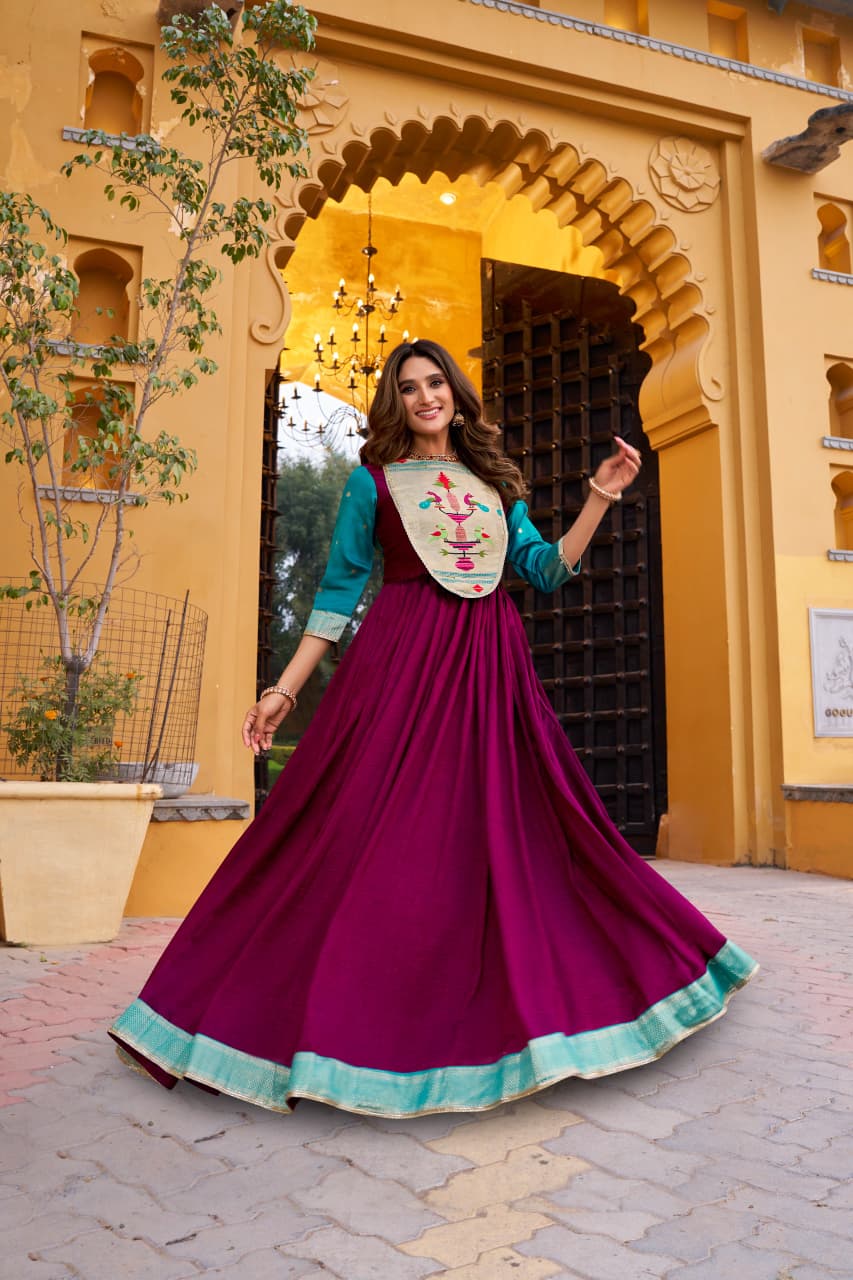 Vichitra Silk Flared Gown with Zari Weaving & Lace Work
