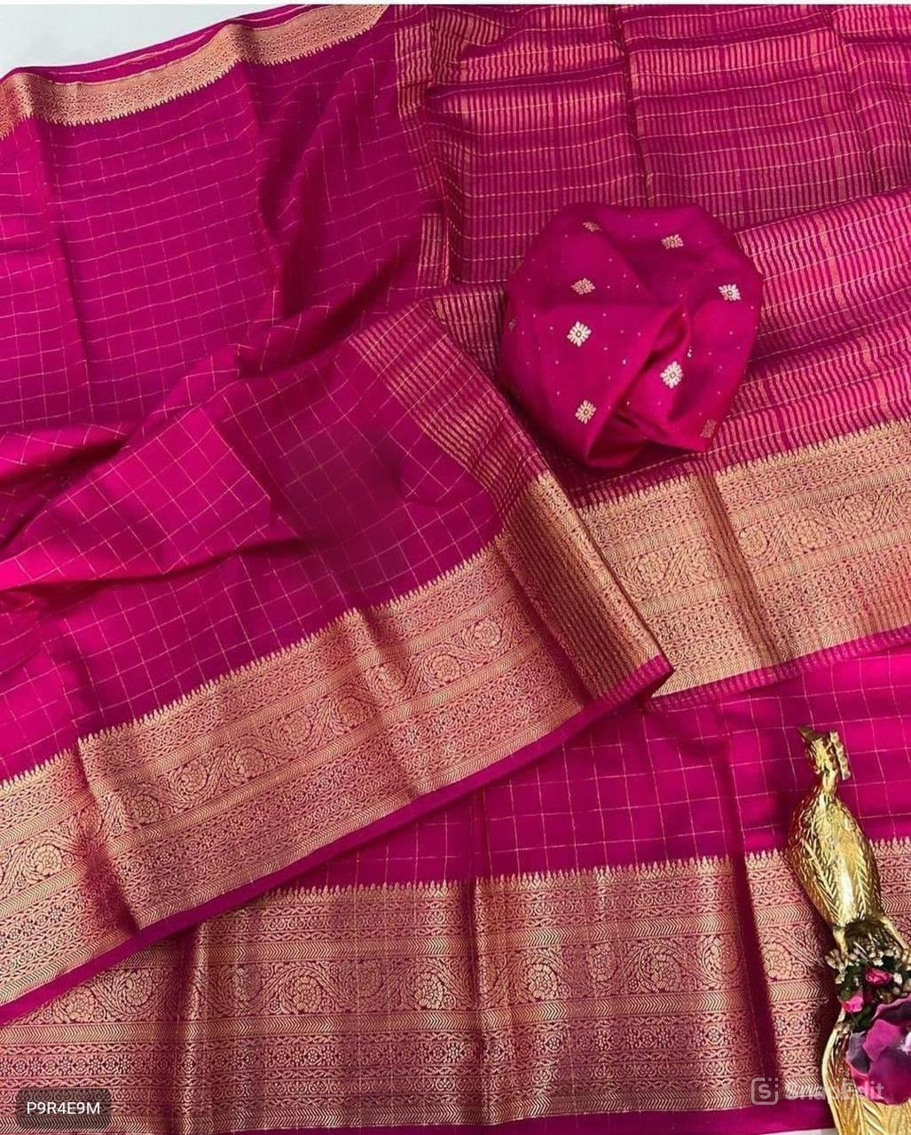 Viscose Checks Georgette Saree with Sequins Jacquard Blouse