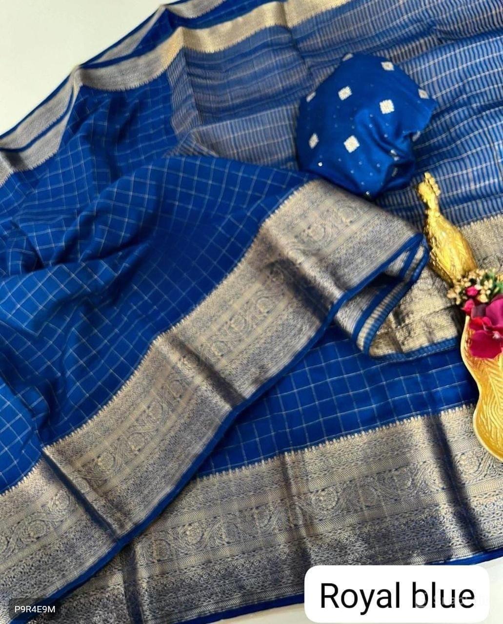 Viscose Checks Georgette Saree with Sequins Jacquard Blouse