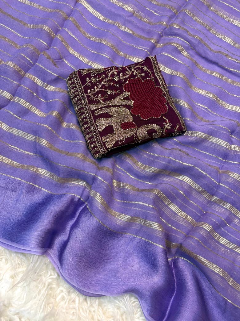 Viscose Georgette Saree with Elephant Beads Work Blouse & Satin Border