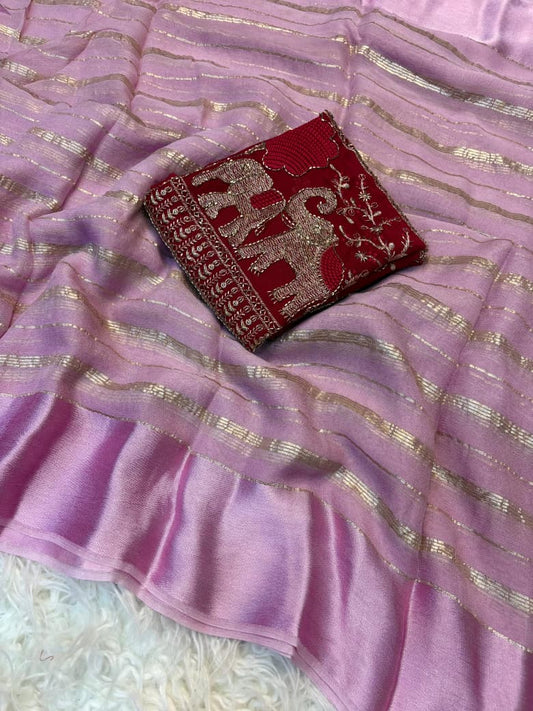 Viscose Georgette Saree with Elephant Beads Work Blouse & Satin Border