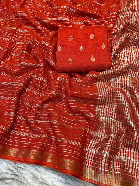 Viscose Georgette Striped Saree with Zari Weaving & Jacquard Border