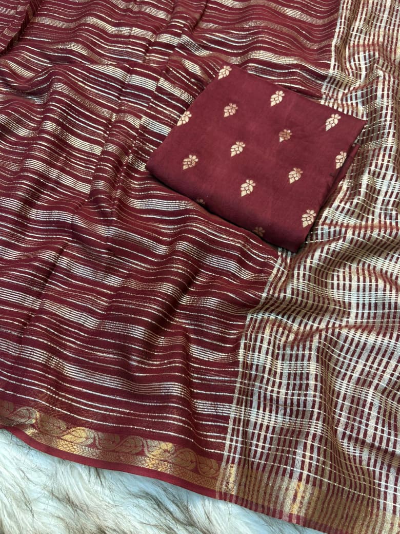 Viscose Georgette Striped Saree with Zari Weaving & Jacquard Border