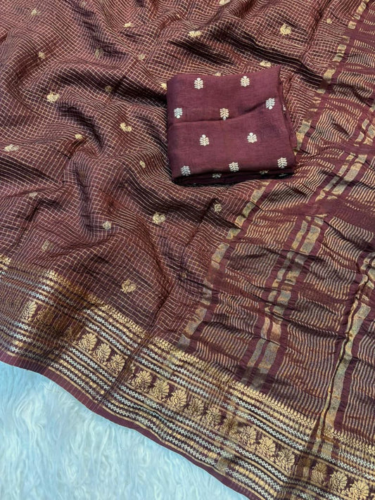 Viscose Russian Dola Saree with Weaving Checks and Peacock Border