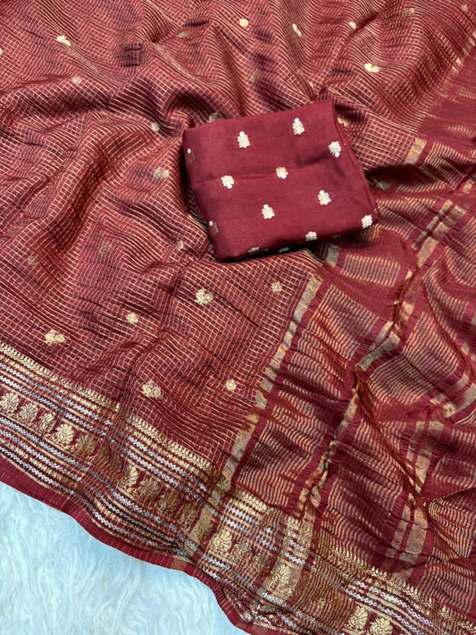 Viscose Russian Dola Saree with Weaving Checks and Peacock Border