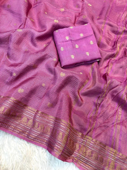 Viscose Russian Dola Saree with Weaving Checks and Peacock Border