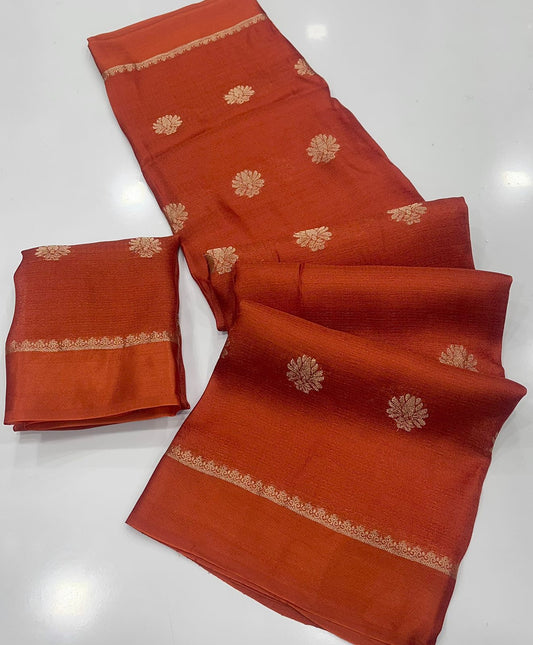 Viscose Silk Saree with Satin Border & Jacquard Leaf Design