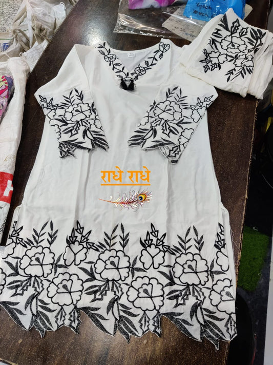 White Rayon Co-Ord Set with Cutwork Embroidery