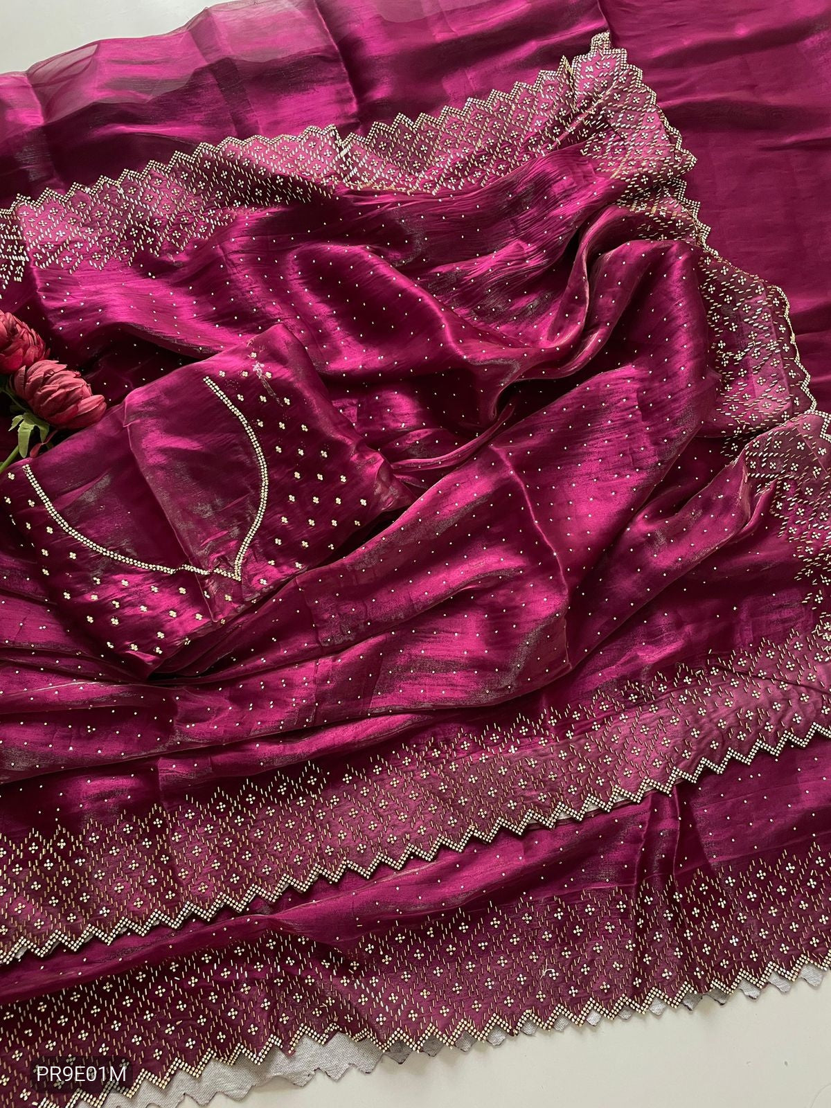 Wine Jimmy Choo Saree with Zarkhan & Diamond Work Blouse