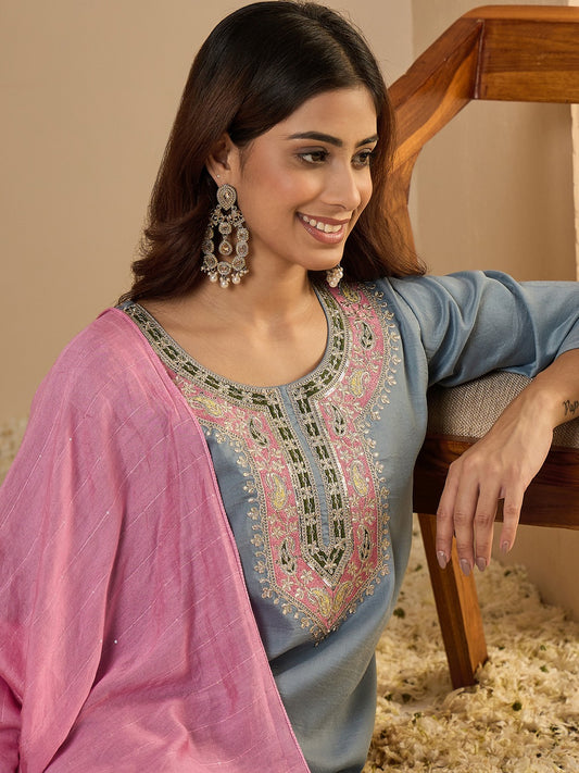 Women’s Viscose Silk Embroidered Straight Kurta Pant with Chanderi Dupatta Set