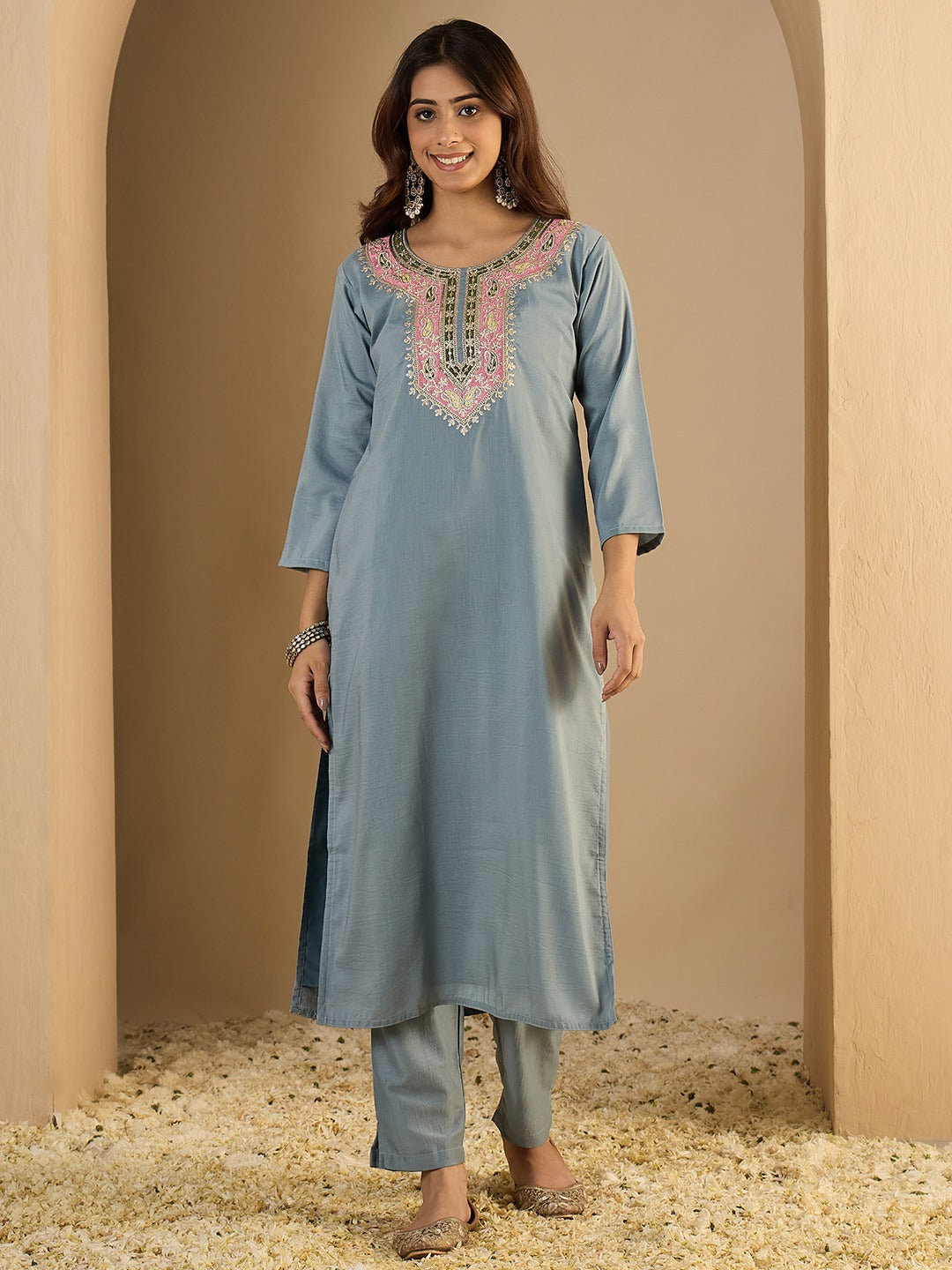 Women’s Viscose Silk Embroidered Straight Kurta Pant with Chanderi Dupatta Set