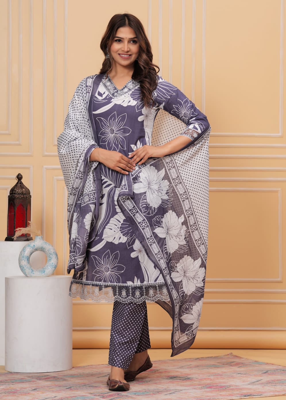 Women's Cotton Kurti with Pant and Dupatta Set - Neck Embroidery Work Sukriti Store Women's Cotton Kurti with Pant and Dupatta Set - Neck Embroidery Work Sukriti Store