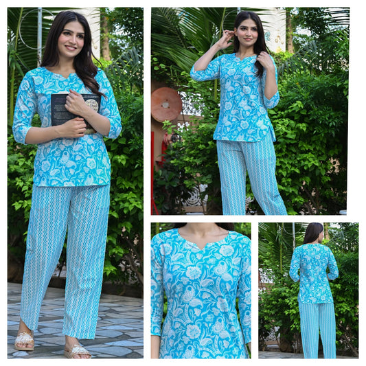 Women's Cotton Night Suit Set with Pocketed Pyjama