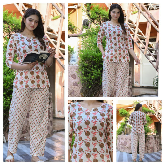 Women's Cotton Night Suit Set with Pocketed Pyjama