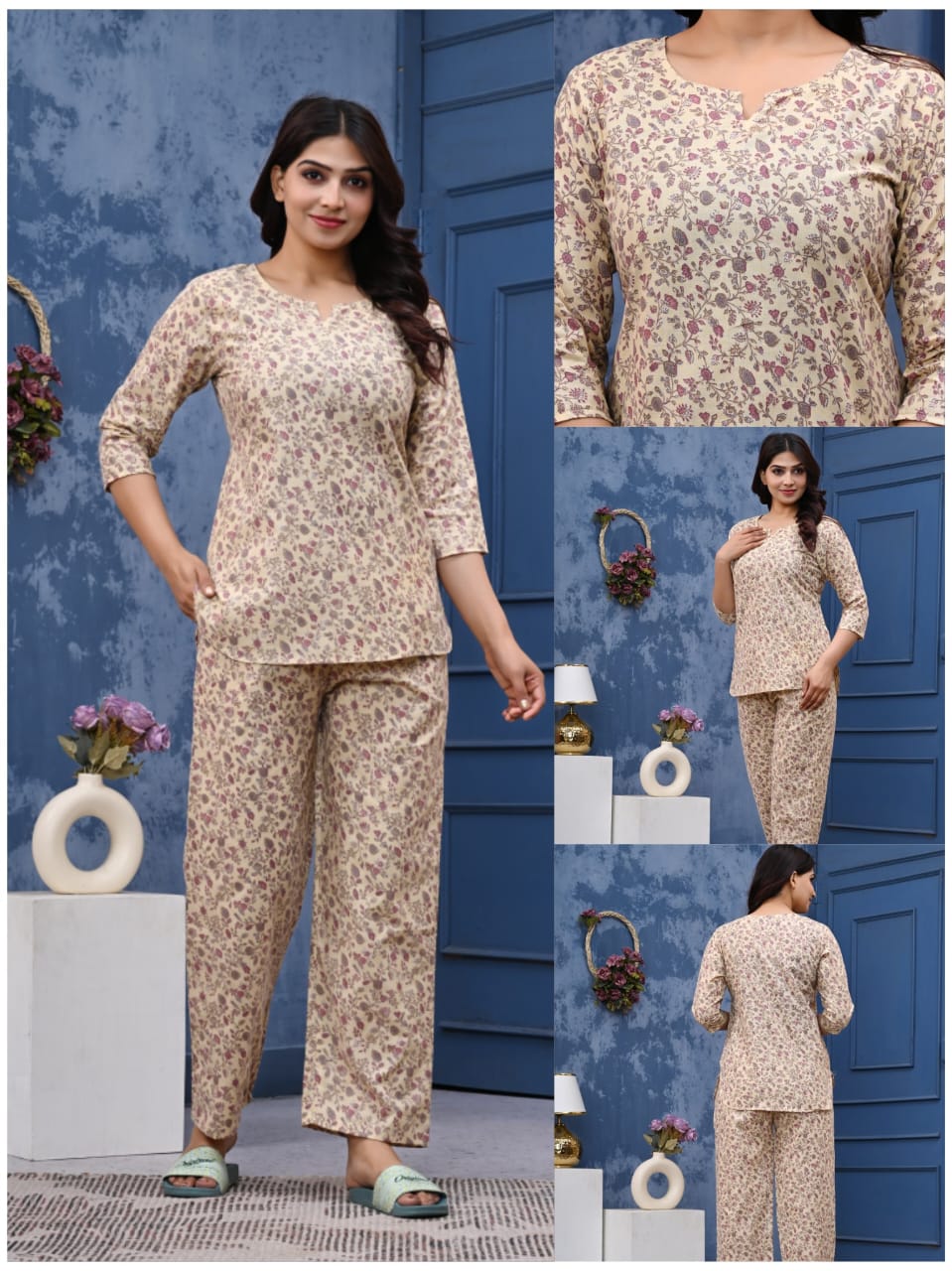 Women's Cotton Night Suit Set with Pocketed Pyjama