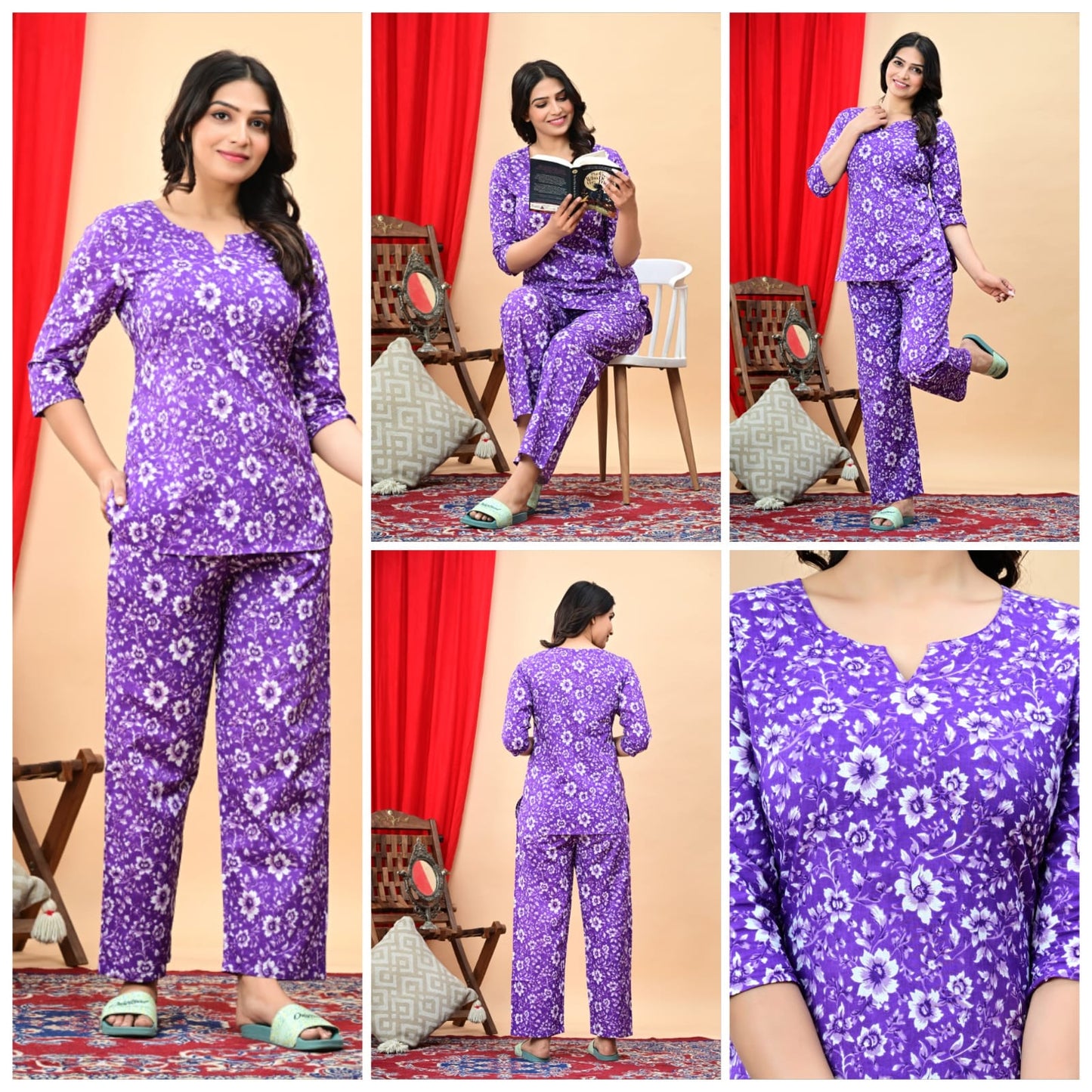 Women's Cotton Night Suit Set with Pocketed Pyjama