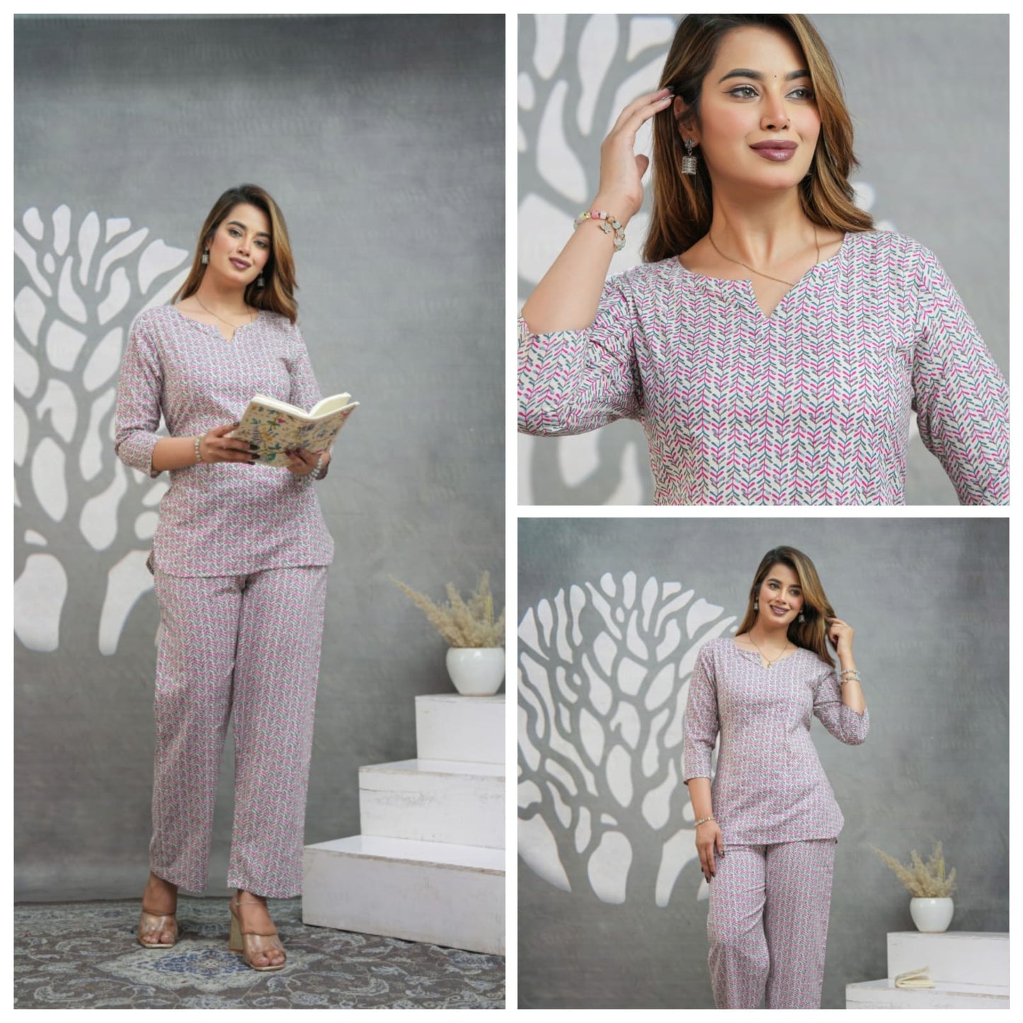 Woman wearing a patterned outfit in a collage format against a gray background.