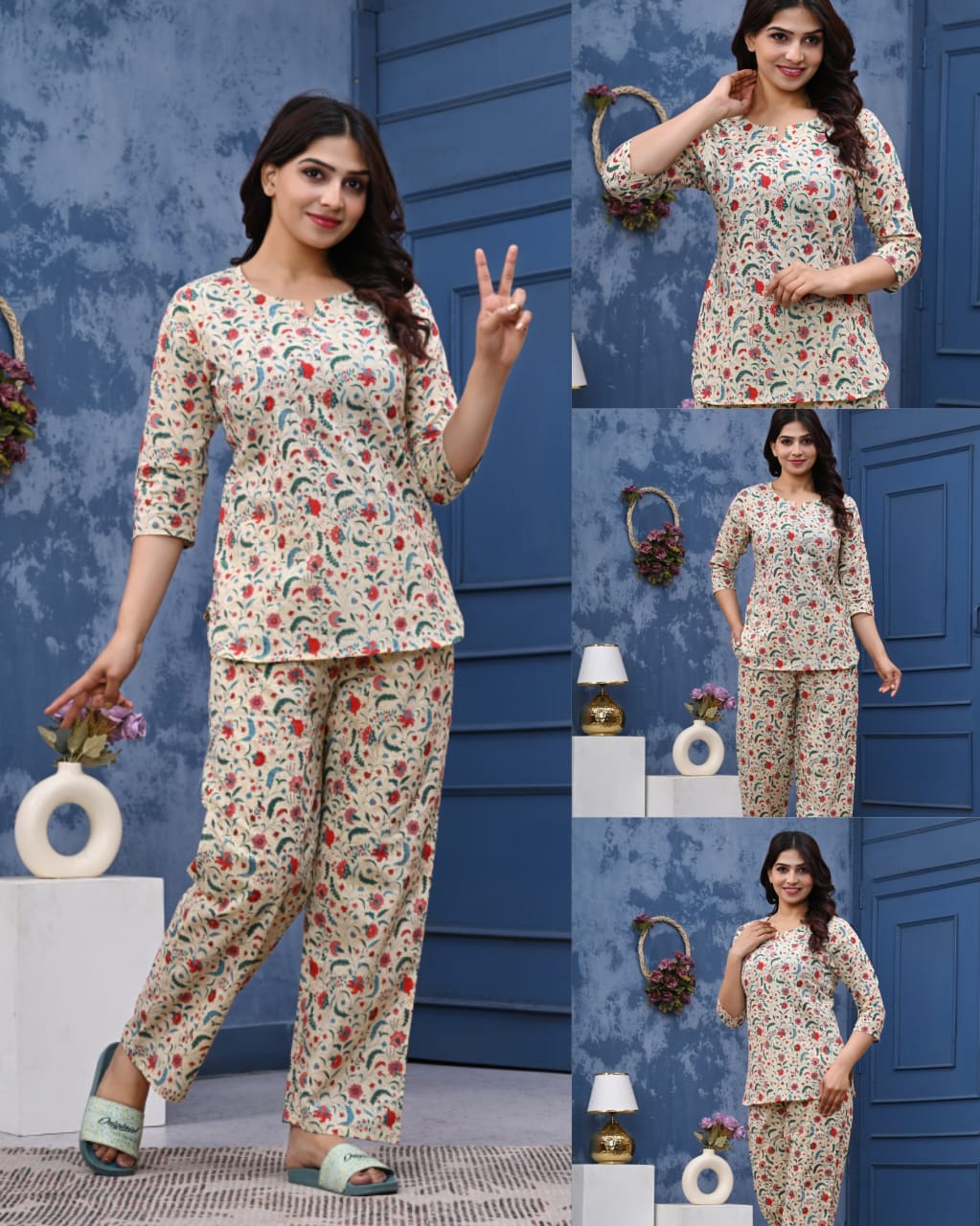 Woman wearing a floral outfit with multiple poses against a blue wall.