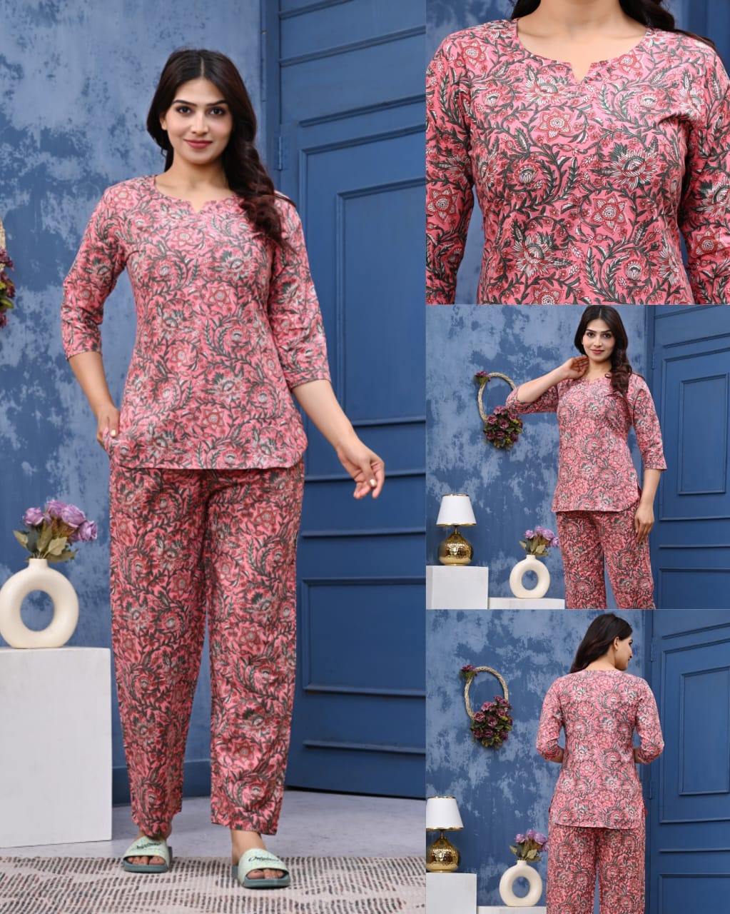 Women's Cotton Night Suit Set with Pocketed Pyjama
