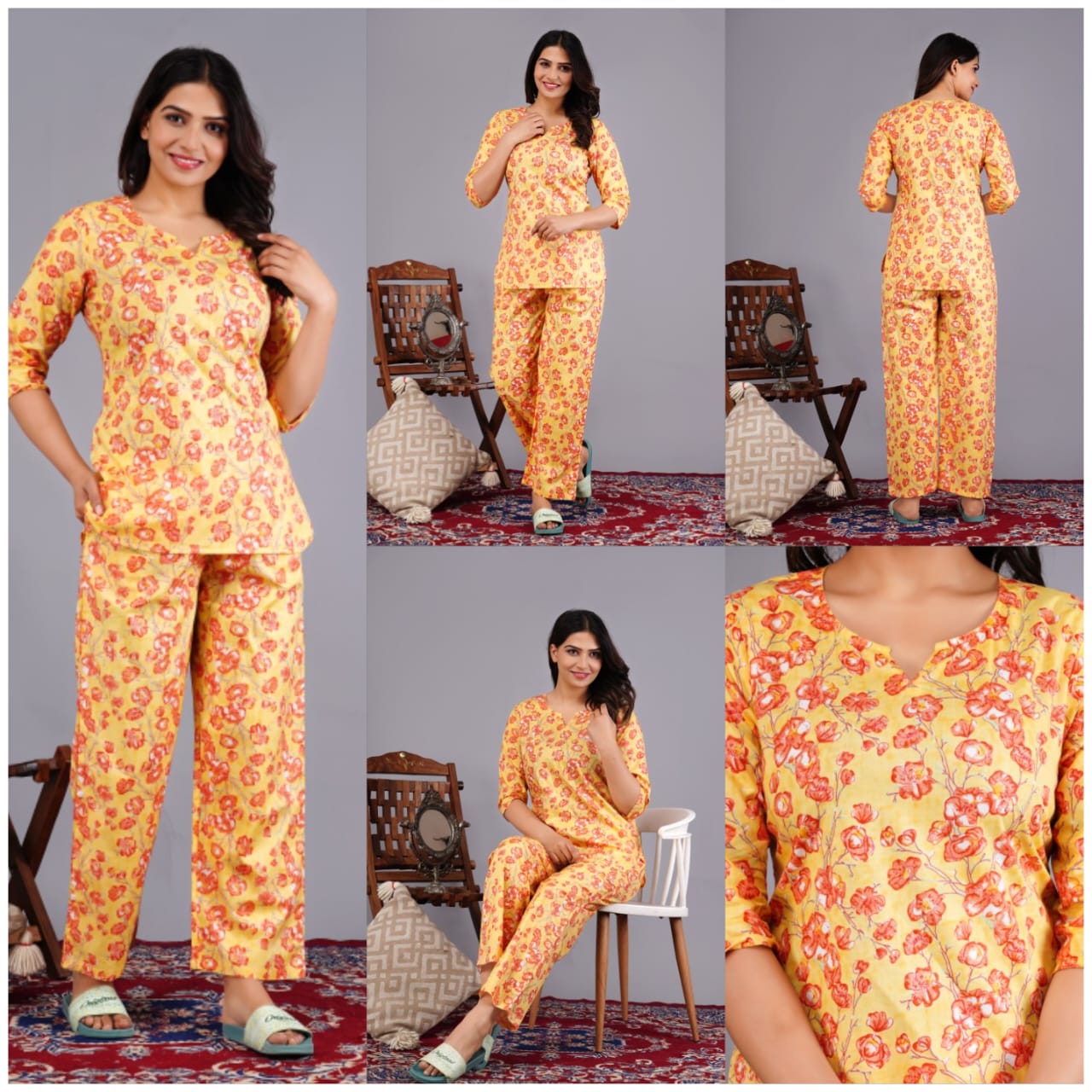 Women's Cotton Night Suit Set with Pocketed Pyjama