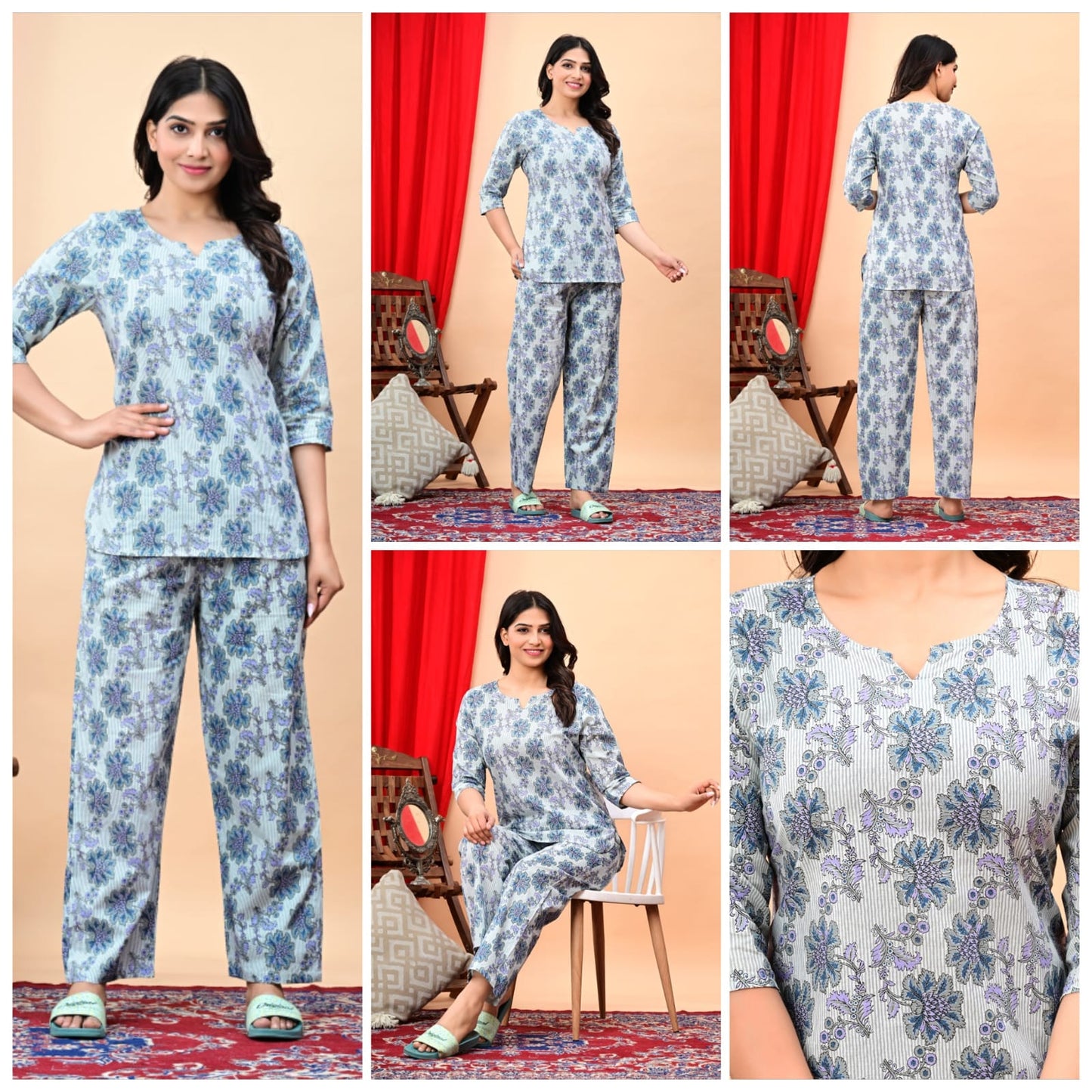 Women's Cotton Night Suit Set with Pocketed Pyjama