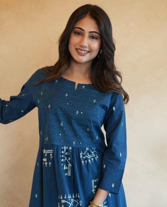 Flared Anarkali Cotton Kurta Pant Set with Malmal Dupatta for Women