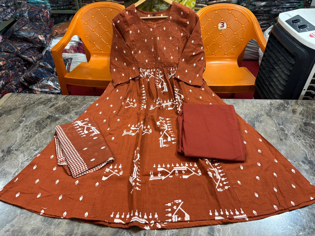 Flared Anarkali Cotton Kurta Pant Set with Malmal Dupatta for Women