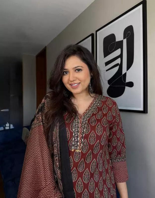 Women's Printed Cotton Kurta Set with Pant & Dupatta - Yoke Work Detail