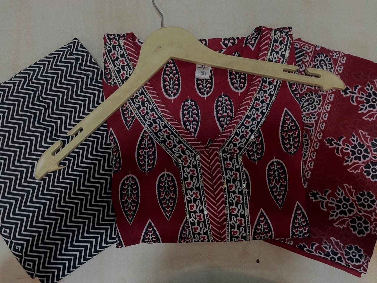 Women's Printed Cotton Kurta Set with Pant & Dupatta - Yoke Work Detail